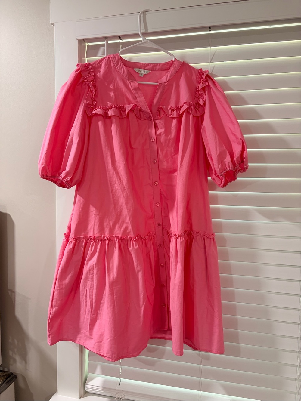 crown & ivy Pink Ruffle Button-Front Mini Dress